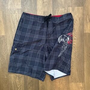 Vintage Y2K Surfwear Joe Boxer Bloody Hatchet Plaid Black Swim Board Shorts